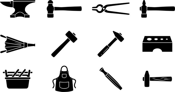 Blacksmith tools silhouette icon set, flat black glyph style, pure white background