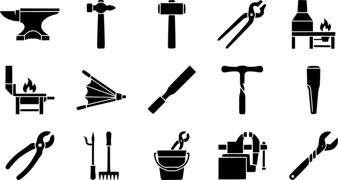 Blacksmith tools silhouette icon set, flat black glyph style, pure white background