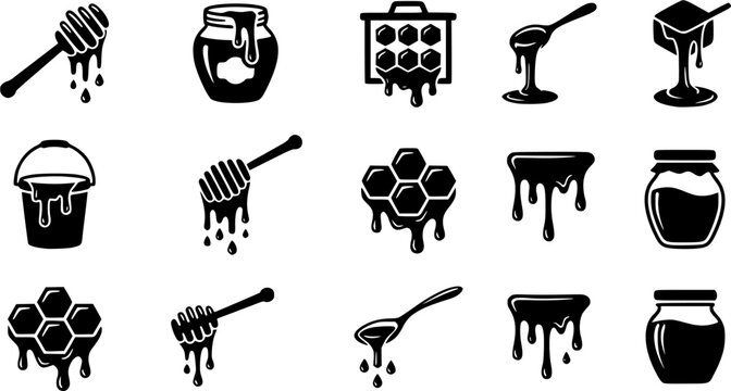 Honey dripping silhouette icon set, flat black glyph style, pure white background