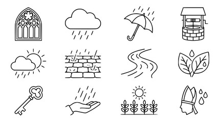 Fototapeta premium Collection of Outline Icons: Weather, Nature, Architecture, and Symbols