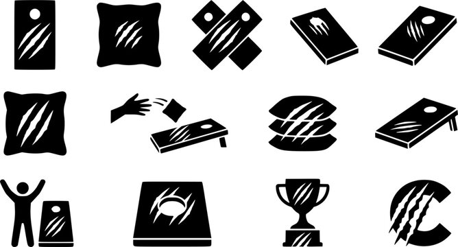 Claw scratches cornhole silhouette icon set, flat black glyph style, pure white background