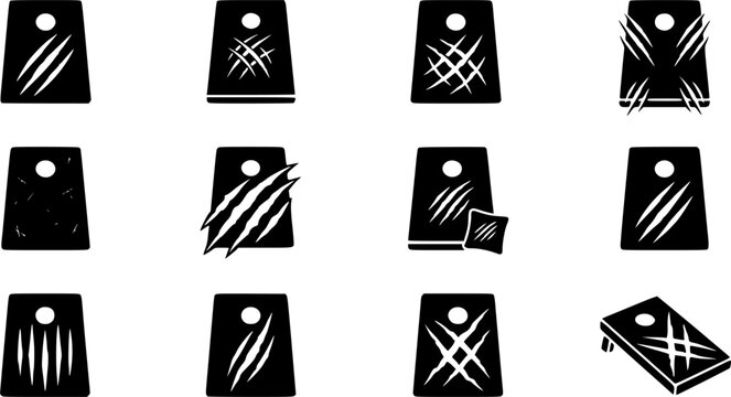 Claw scratches cornhole silhouette icon set, flat black glyph style, pure white background