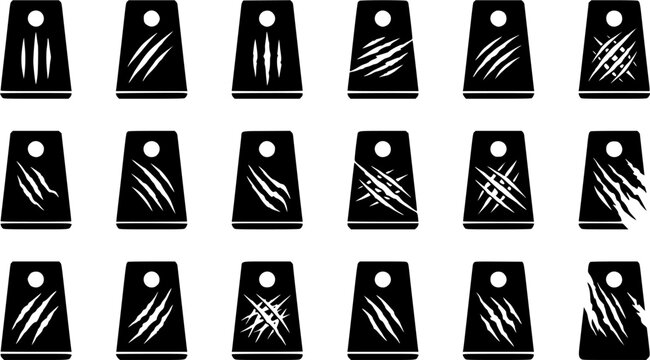 Claw scratches cornhole silhouette icon set, flat black glyph style, pure white background