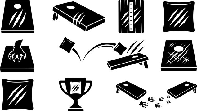 Claw scratches cornhole silhouette icon set, flat black glyph style, pure white background