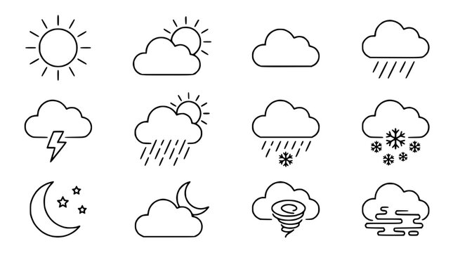 Weather Icons Set: Sun, Clouds, Rain, Snow, Moon, Storms, Tornado
