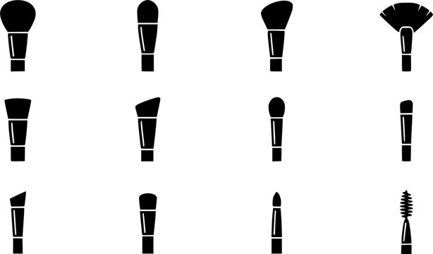 Makeup brush silhouette icon set, flat black glyph style, pure white background