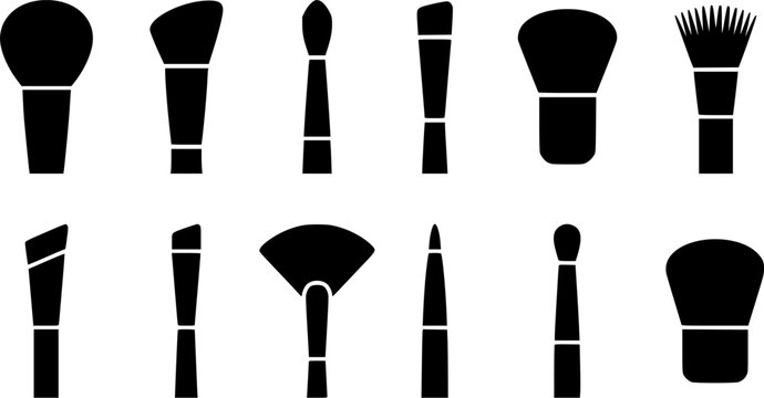 Makeup brush silhouette icon set, flat black glyph style, pure white background