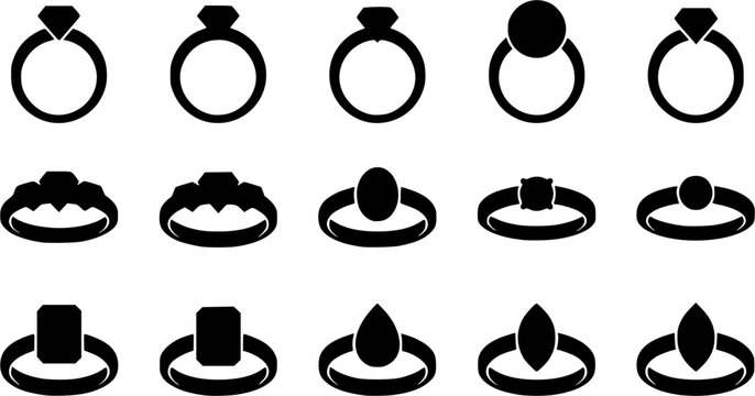 Wedding ring silhouette icon set, flat black glyph style, pure white background