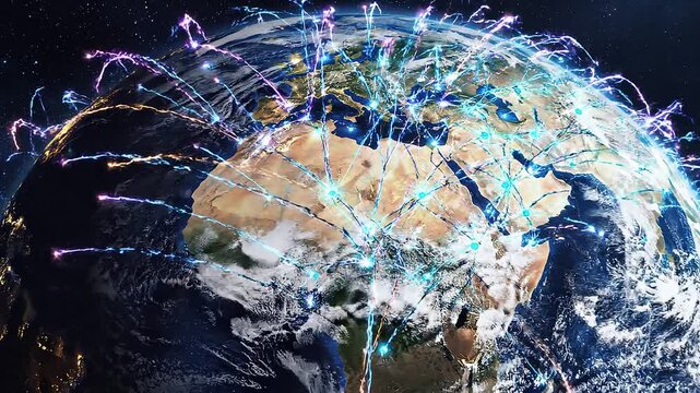 Global Network Connections: Earth with Digital Light Trails