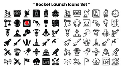 Rocket launch icons set with various spacecraft and astronomy elements depicted © Ube