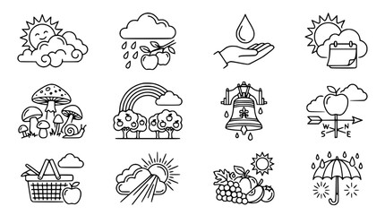 Weather and Seasons Icons: Sunshine, Rain, Rainbow, Calendar, Nature Elements © Embun