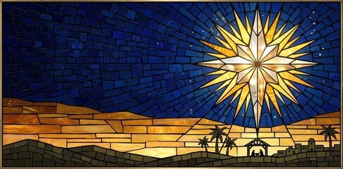 Fototapeta premium Stained glass style Nativity scene with Star of Bethlehem above the manger, Mary, Joseph and baby Jesus, Christmas faith concept.