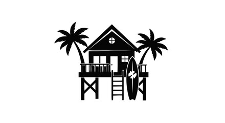 Obraz premium Vector illustration of beach house with palm trees and surfboard, on a transparent background