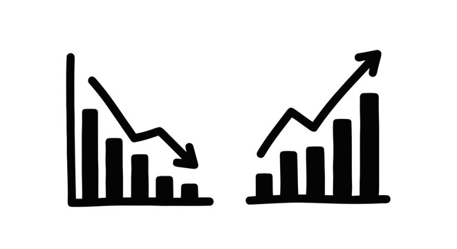 Vector illustration of set of hand drawn bar charts with upward and downward trend arrows on a transparent background