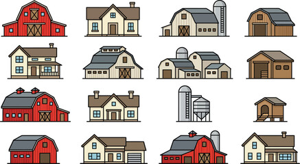 Naklejka premium Farm building and rural country house icon set, agricultural architecture and crop storage silo design elements , stock vector