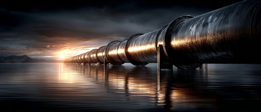 Crude highways through heat: visualizing the modern energy crisis. Movie cover. Golden dunes and endless pipelines: the color of energy consumption. Advertising photo. Adventure poster.