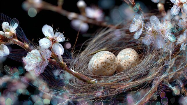 Silent guardians: the beauty of renewal amid blossoming branches. Virtual teamwork concept. Gentle nesting: eggs cradled in the embrace of blossom branches. Online interaction symbol.