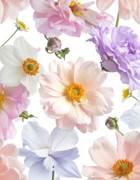 A vibrant floral arrangement with pastel-hued flowers on a white background