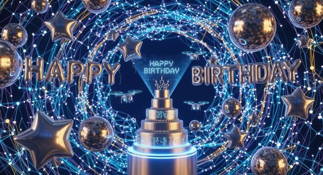 Happy Birthday Futuristic Celebration with Stars and Spheres.