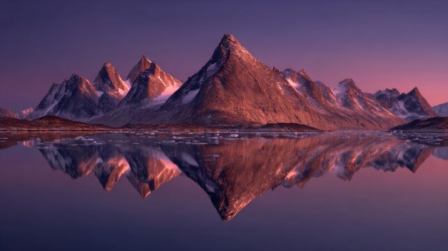 Nature's perfect reflection: a greenland mountain scene captured in time. Clear focus. Panoramic reflection of bear islands' mountain range in northeast greenland. Print ready.
