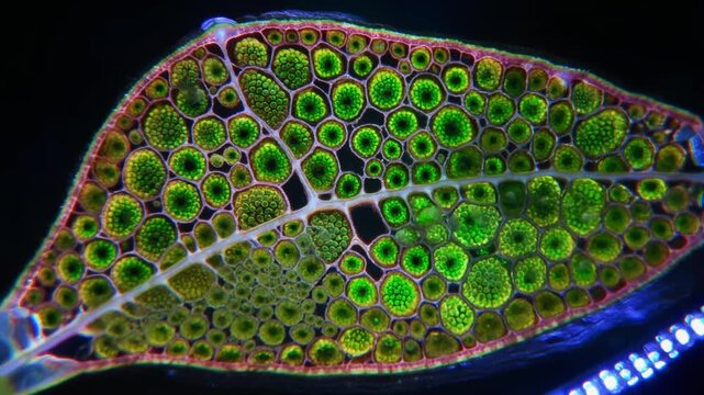 Detailed Microscopic View of Chloroplasts in Plant Mesophyll Cell Showcasing Photosynthesis Structures and Green Pigment Under High Magnification