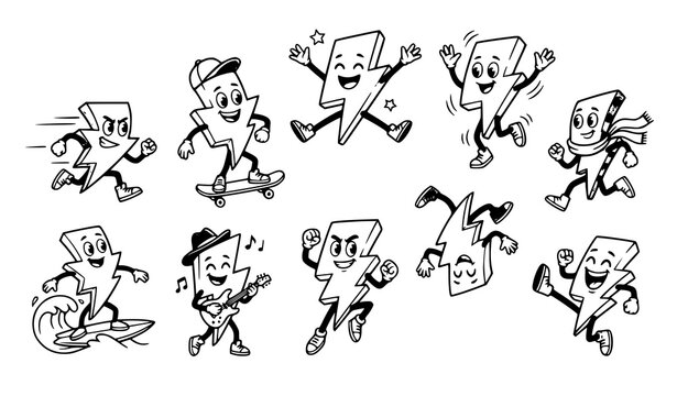 Funny Cool Lightning Bolt Characters in Dynamic Action Poses Vector Collection