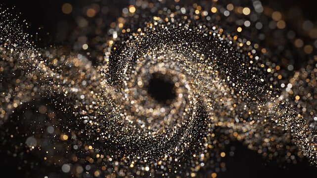 Shimmering particles are flying through a swirling tunnel of light.