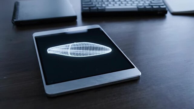 Futuristic tablet with aerodynamic design on wooden desk featuring keyboard and notebook displaying 3D wireframe and glowing heart model object