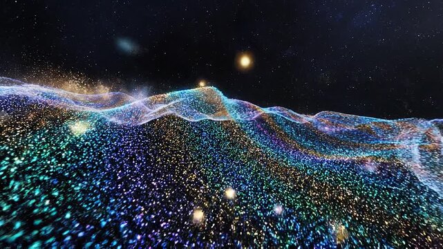 Shimmering particles flying through a vibrant wave of colorful lights in a dark space
