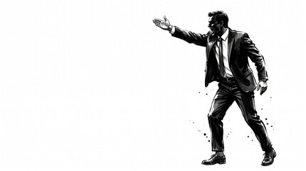 Naklejka premium Sumi-e illustration of a coach in a suit shouting and directing