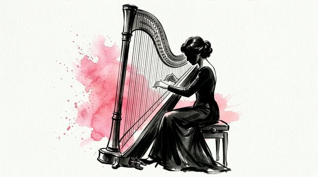 Sumi-e illustration of a woman playing a harp with a pink ink splash