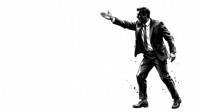 Sumi-e illustration of a coach in a suit shouting and directing