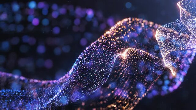 Shimmering particles flying through a futuristic wave of purple and orange lights