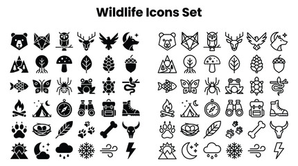 Fototapeta premium Wildlife icons set featuring various animals and nature elements.