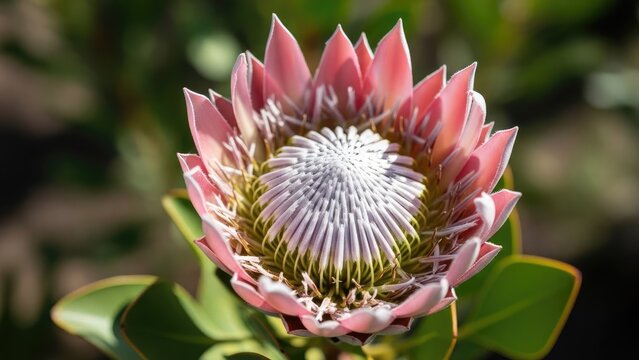 Close up shot of pink king protea flower.