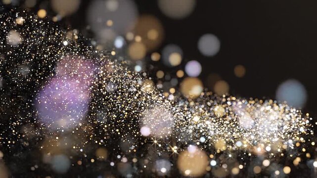 Shimmering particles flying through a dark space with colorful orbs and lights.