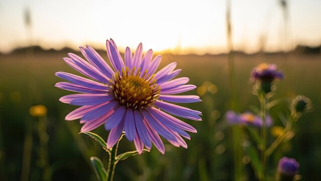 Single purple aster flower in a meadow at sunset.