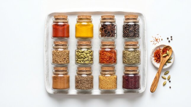 Top down view of 12 glass spice jars with cork lids on a white tray, with loose spices and a wooden spoon