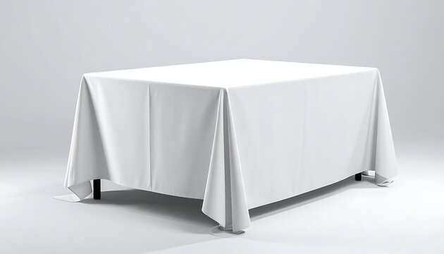 Isolated rectangular table covered with plain white tablecloth, event decor, banquet display