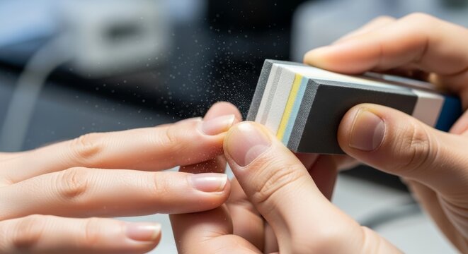 Woman having nails buffed by manicurist in salon. Beautician using nail block to polish fingernail. Professional hand care, beauty treatment, hygiene and wellness service concept.