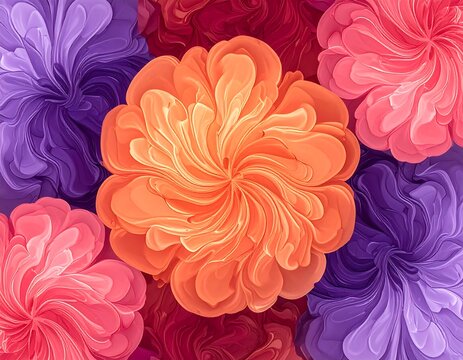A vibrant floral pattern featuring large, stylized flowers in shades of orange, pink, purple, and red
