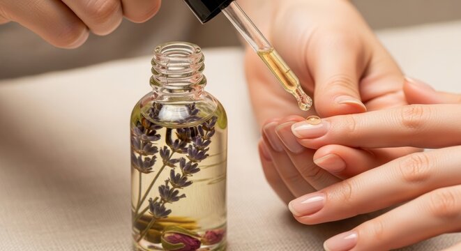 Woman applying cuticle oil with dropper to fingernail during manicure. Natural lavender essential oil for skin care and nail health. Organic cosmetic treatment for hand wellness.