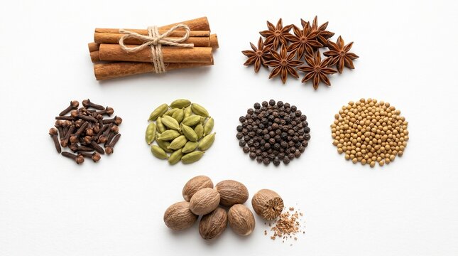 Assorted whole dried spices including cinnamon sticks, star anise, nutmeg, black peppercorns, cloves, cardamom, and coriander seeds on white background
