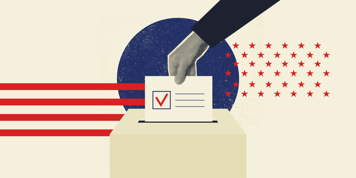 Woman hand places ballot into voting box. Halftone collage banner in retro style. Election day, voter participation and democratic process concept. Trendy vintage vector illustration