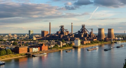 Fototapeta premium Industrial Steel Mill Factory Complex on River at Sunset.