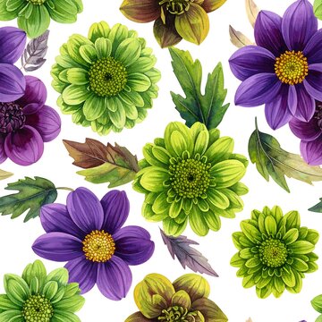 A vibrant floral pattern featuring purple and green flowers with yellow centers and leaves on a white background