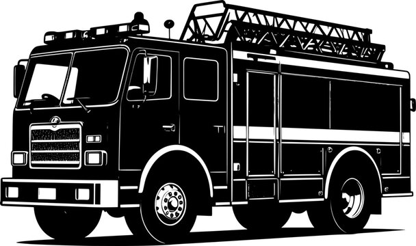 Black silhouette of a fire truck with detailed outline and profile against a isolated on white background
