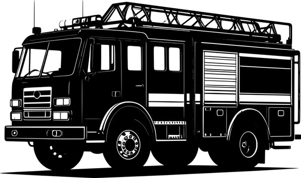Black silhouette of a fire truck with detailed outline and profile against a isolated on white background
