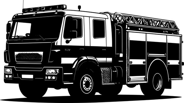 Black silhouette of a fire truck with detailed outline and profile against a isolated on white background
