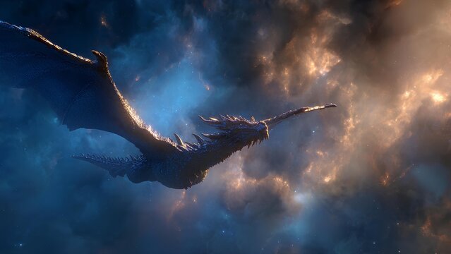 A majestic dragon with large wings soars through a dramatic, cloud-filled sky with contrasting dark and bright light.